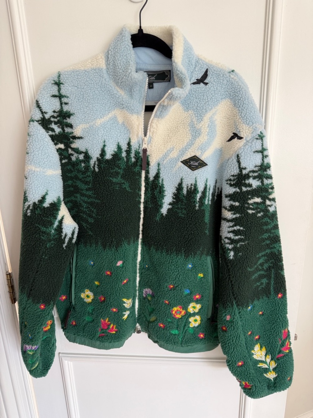 Kith sherpa jacket in light blue and forest green